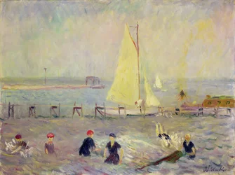 Seascape with Two Sailboats and Six Bathers